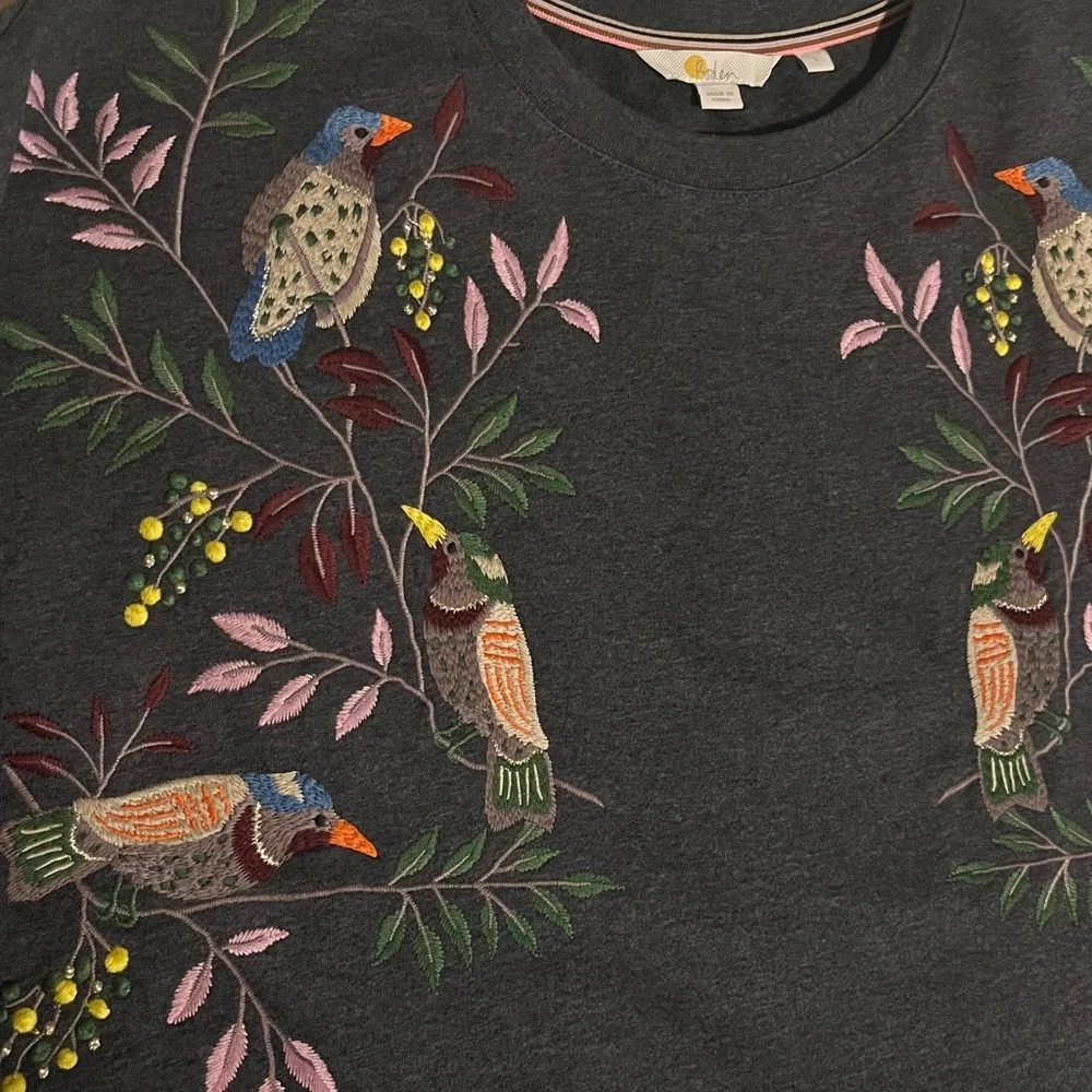 Boden Bird Embroidered Gray Sweater Small - Picture 2 of 16